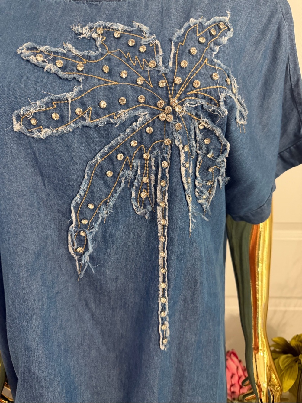 Milano Denim Blue Palm Embellished Tunic NWT 2X - Picture 3 of 7